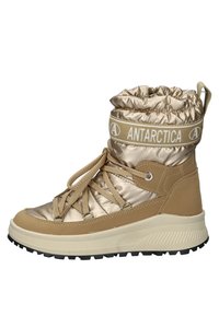 Braune wasserfeste Stiefel mit einem gepolsterten, glanzenden Obermaterial, Stoffsenkeln und einer strukturierten Gummisohle. Verfügt über einen gerafften Kragen und ein mit Logo versehenes Band.