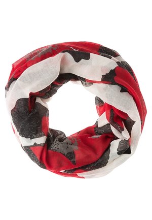 Lichtgewicht infinity-sjaal met rode, witte en zwarte abstracte bloemenpatronen, gerangschikt in een cirkelvormige lus.