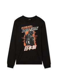 Czarna bluza z długim rękawem z grafiką "Tokyo Riders" w szaro-pomarańczowych kolorach, z designem wojownika oraz japońskim napisem, wykonana z materiału bawełnianego.