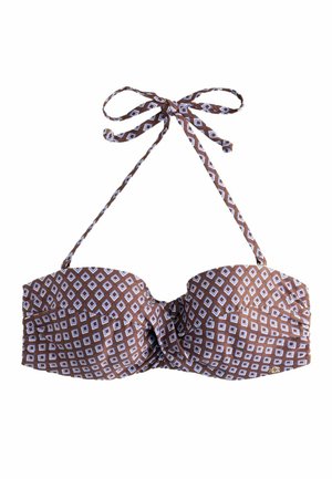 Braun-weiß gemustertes Bikini-Oberteil mit Rautenmuster, Neckholder zum Binden und gerafftem Vorderteil.