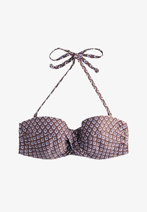 Braun-weiß gemustertes Bikini-Oberteil mit Rautenmuster, Neckholder zum Binden und gerafftem Vorderteil.