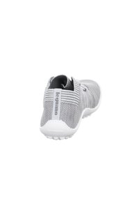 Gray mesh sneaker with a textured design, featuring a white sole and accent stripes on the heel. Branding visible on the back.