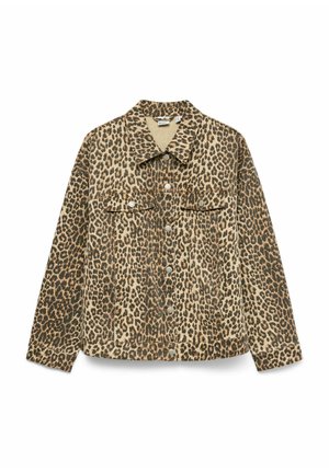 Jasje met luipaardprint gemaakt van zachte stof, met een kraag, twee voorzakken en zilveren drukknoopsluitingen. Bruin en beige kleurenschema.