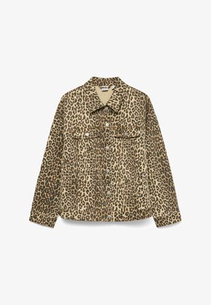 Kabelka s leopardím potiskem vyrobená z měkké látky, s límcem, dvěma předními kapsami a stříbrnými patentkami. Hnědá a béžová barevná kombinace.