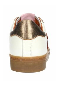 White sneaker with a rounded design; features a metallic gold heel accent and textured gum sole. Interior has a soft pink lining.