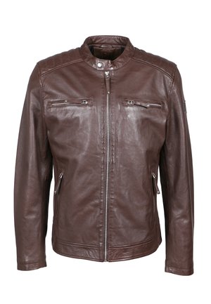 Brown leather jacket featuring a zip front, stand-up collar, two chest zippers, and side pockets with smooth texture and subtle stitching details.