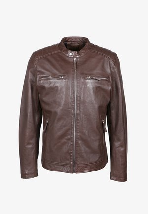 Braune Lederjacke mit Reißverschluss vorne, Stehkragen, zwei Brustreißverschlüssen und Seitentaschen, glatter Textur und dezenten Nähten.