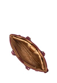 Bordeaux handtas met een gladde leren buitenkant, gouden hardware, twee handvatten aan de bovenkant en een beige stoffen voering met het merklogo-patroon.