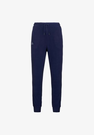 Pantaloni tuta blu navy con vita elasticizzata, coulisse e polsini a coste. Presenta un piccolo logo sulla coscia superiore. Morbida texture del tessuto.