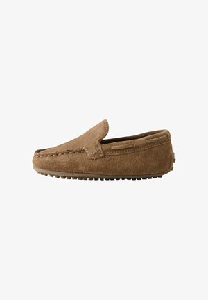 Brown suede moccasin slipper with a low profile, slip-on design, side stitching detail, and textured rubber sole features for grip.