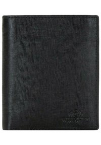 Portafoglio in pelle nera con superficie testurizzata, design bifold e dettaglio del logo impresso. Presenta cuciture ordinate e una forma compatta.