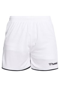 Pantalones cortos deportivos blancos con un acabado texturizado, que cuentan con una cinturilla elástica y detalles negros a lo largo del dobladillo y el logo en la parte inferior derecha.