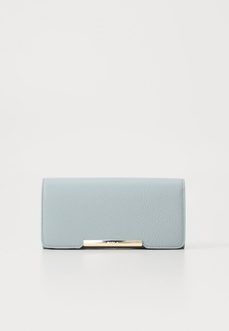 Light blue textured leather wallet with a gold metal clasp. Features a rectangular shape and clean design, suitable for everyday use.