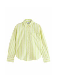 Camicia a maniche lunghe a righe verde lime con taschino frontale, colletto abbottonato e vestibilità rilassata. Tessuto testurizzato con righe chiare alternate.