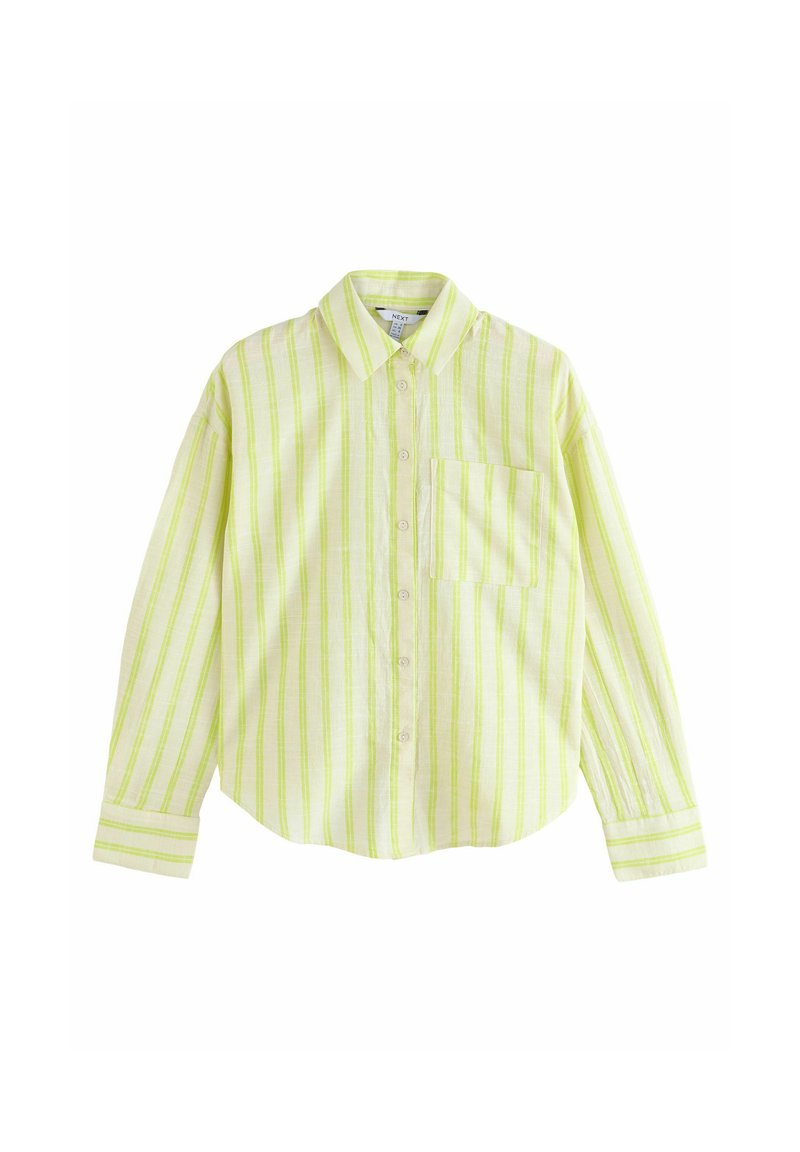 Camicia a maniche lunghe a righe verde lime con taschino frontale, colletto abbottonato e vestibilità rilassata. Tessuto testurizzato con righe chiare alternate.