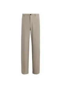 Lichtbeige broek met een rechte pijp, gemaakt van een gladde stof. Vervaardigd met een knoopsluiting en taillelussen, wat zorgt voor een eenvoudige, schone uitstraling.