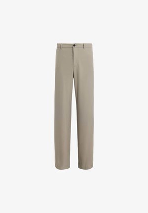 Pantalones beige claro con un diseño de pierna recta, fabricados en una tela suave. Cuentan con un cierre de botón y trabillas para cinturón, ofreciendo una apariencia simple y limpia.