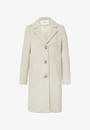 Beige wool-blend coat with a notch collar, three buttons, and two side pockets. Inside features a striped lining.