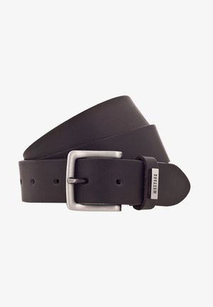 Schwarzer Ledergürtel mit glatter Oberfläche, ausgestattet mit einer silbernen Metallschnalle und mehreren gleichmäßig verteilten Löchern zur Anpassung.