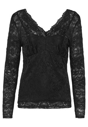 Juodas nėriniais puošiamas ilgomis rankovėmis viršus, turintis V formos iškirpimą, gėlių raštą ir banguotas kraštus. Permatomas audinys su pamušalu krūtinėje, užtikrinančiu uždengimą.