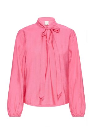 Blouse rose à manches longues avec un nœud au cou, présentant une texture lisse et des manches froncées, conçue pour une coupe décontractée.