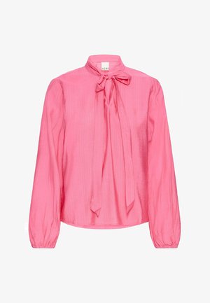 Pink long-sleeve blouse with a bow tie at the neck, featuring a smooth texture and gathered sleeves, designed for a relaxed fit.