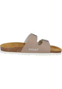 Infradito con parte superiore sintetica di colore marrone chiaro, suola in sughero e suola esterna in gomma bianca; presenta due fibbie metalliche regolabili.
