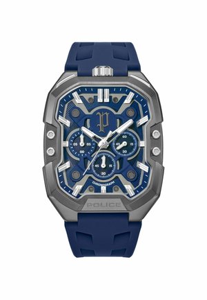 Blue chronograph watch with a stainless steel case and rubber strap. Features silver accents, detailed dials, and hexagonal design elements.