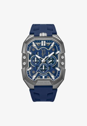 Blauwe chronograaf horloge met een roestvrijstalen kast en rubberen band. Beschikt over zilveren accenten, gedetailleerde wijzerplaten en hexagonale designelementen.