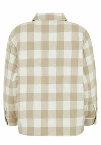 Vuori takki, jossa on täplikkäät kuviot beige- ja kermaisen sävyisinä, varustettuna kauluksella, napitettavilla hihoilla ja rennolla istuvuudella. Näkymä takaa.