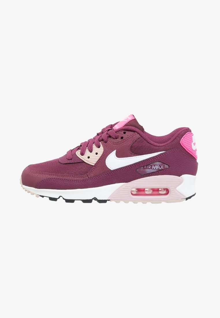 Maroon Nike Air Max Sneaker mit weißen und rosa Akzenten, aus Netz- und Synthetikmaterialien, gepolsterter Ferse und sichtbarer Luftpolsterung in der Sohle.