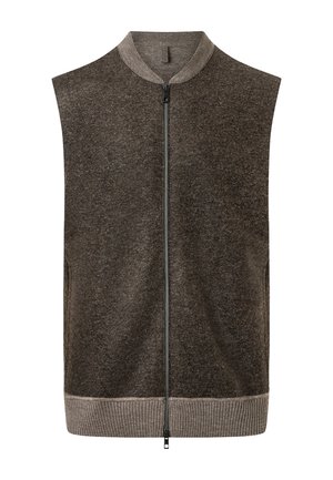 Brązowa kamizelka z wełny bez rękawów, z przednim zamkiem błyskawicznym, prążkowanym kołnierzem i obrębem w jaśniejszym odcieniu brązu.