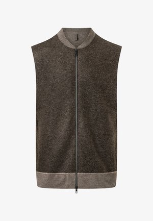 Mouwloos bruin wollen vest met een voorrits, geribbelde kraag en zoom in een lichtere bruine tint.