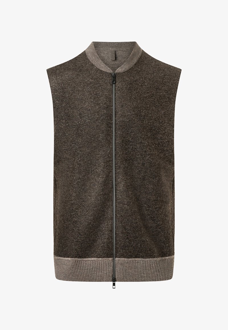 Ärmellose braune Wollweste mit Frontreißverschluss, geripptem Kragen und Saum in einem helleren Braunton.