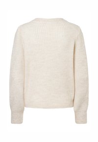 Cremfarbener Strickpullover mit gerippter Textur, Rundhalsausschnitt und langen Ärmeln, mit lockerer Passform und seitlichen Nähten.