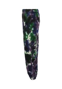 Spodnie dresowe tie-dye w kolorze zielonym, fioletowym i białym. Posiadają elastyczny pas oraz mankiety, tapered nogawki i miękką fakturę materiału.
