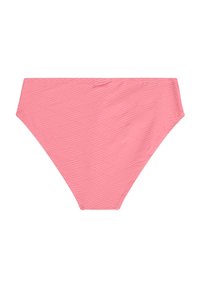 Vaaleanpunaiset bikinit, joissa on teksturoitu kuvio, jossa on vinoviivoja. Korkea vyötärö, jossa on sileät reunat. Valmistettu pehmeästä, venyvästä materiaalista.