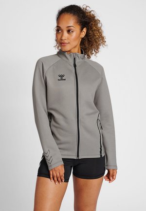 Grijs sportjack met een hoge kraag, rits aan de voorkant, zwarte accenten en gebogen naden. Heeft een logo op de borst en een chevronontwerp op de mouwen.