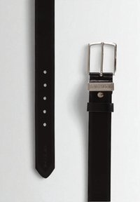 Black leather belt with silver rectangular buckle and five adjustment holes laid flat on a white background.