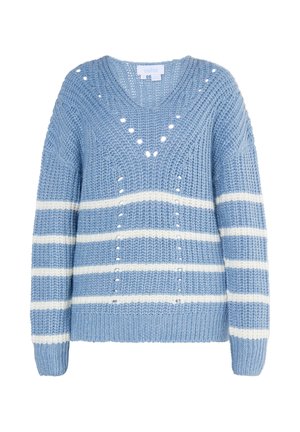 Chunky gestrickter blauer Pullover mit weißen horizontalen Streifen, langen Ärmeln, V-Ausschnitt und kleinen dekorativen Löchern auf der Vorderseite und den Schultern.
