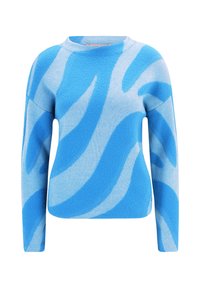 Blauer Pullover mit langen Ärmeln, ausgestattet mit einem wellenförmigen Muster in Hellblau. Weiche Textur und runder Ausschnitt, aus leichtem Material gefertigt.