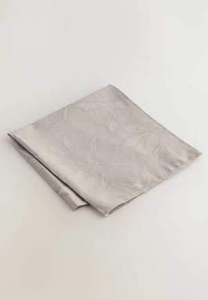 Gray folded napkin with a subtle leaf pattern, made of smooth fabric, featuring a clean finish along the edges and a sleek appearance.