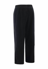 Zwarte fleece broeken met een casual pasvorm, voorzien van een elastische tailleband en knienaht voor extra textuur. Rechttoe-rechtaanzittend ontwerp zonder zakken.