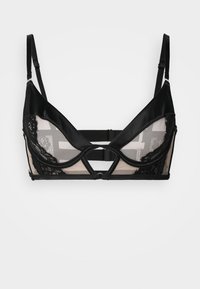 Svart bralette med satengfinish og blondeakenter, med en gjennomsiktig panel, trekantede kopper og justerbare stropper med krokfeste.