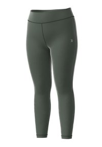 Groene sportleggingen met een hoge taille, een gladde textuur en een aansluitend ontwerp. Kenmerkend zijn de minimale stiknaden en een subtiele logo aan de zijkant.