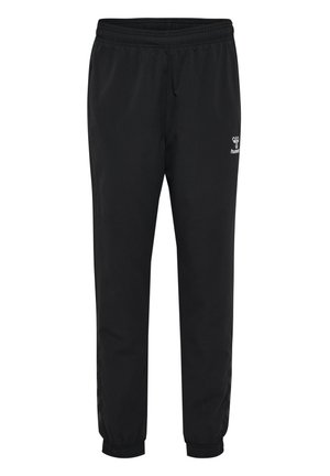 Zwarte sportbroek met een elastische tailleband, taps toelopend ontwerp en een klein logo aan de bovenlinkerkant. Gladde textuur, geen zakken.