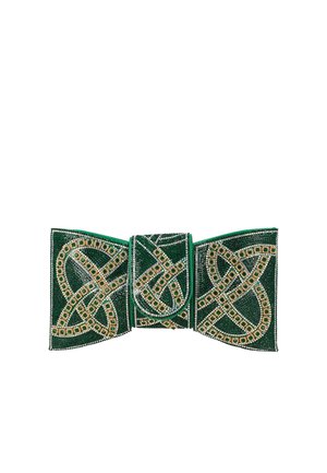 Sötétzöld, ékkövekkel díszített masni alakú clutch arany és ezüst gyöngyös kelta csomó mintákkal és középen patentos záródással.