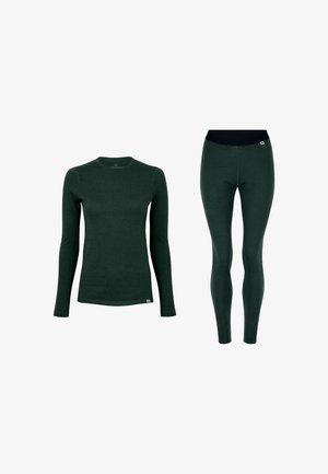 Mörkgrönt underställ i termomaterial som inkluderar en långärmad topp med rund halsringning och tajta leggings med svart midjeband, tillverkade av mjukt material.