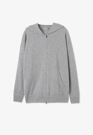 Hellegraue Zip-Hoodie aus weichem Stoff mit Kapuze, langen Ärmeln und zwei vorderen Taschen; zeichnet sich durch gerippte Bündchen und Saum aus.