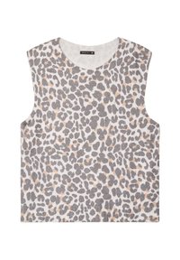 Mouwloos topje van lichte stof met een grijs panterprint en beige accenten. Ronde halslijn, comfortabele pasvorm en rechte zoom.